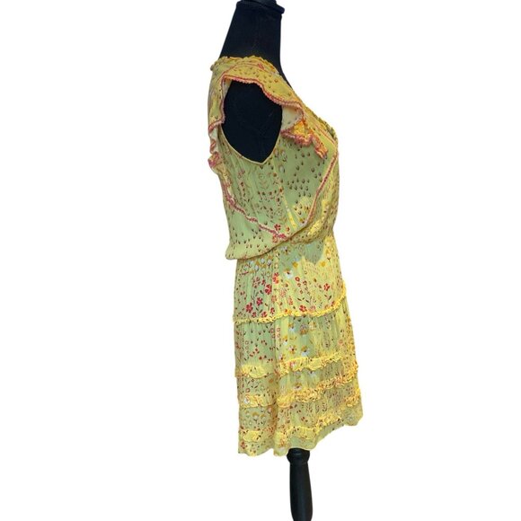 Poupette St Barth Mini Yellow Floral Sun Summer Dress XS V-neck Ruffle - Picture 2 of 13